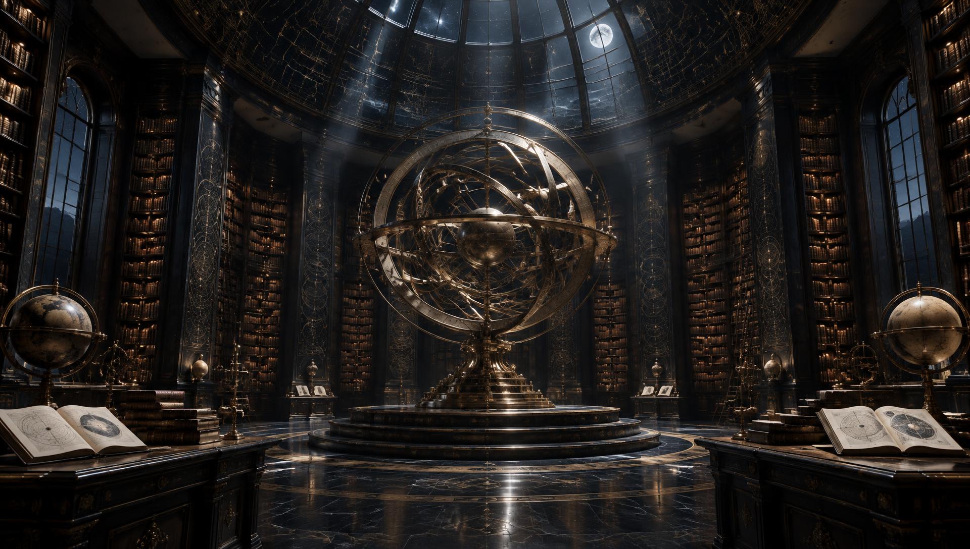 A monumental brass armillary sphere in the Hidden Academy observatory library